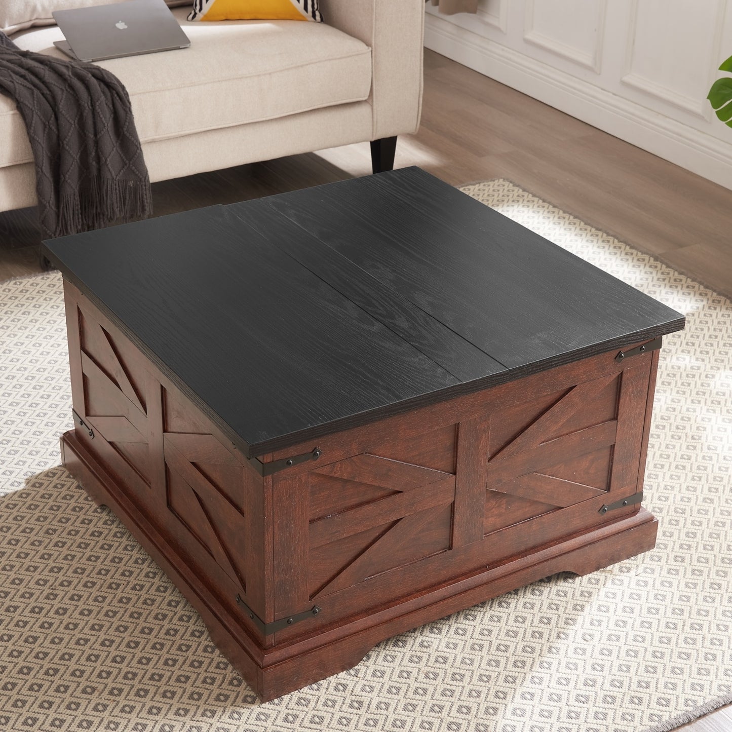 Farmhouse Coffee Table, Square Wood Table With Large Hidden Storage Compartment For Living Room, Bar