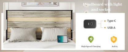 Queen Size Bed Frame With Headboard And 4 Storage Drawers , Queen Bed Frame With Charging Station And LED Lights, Wood Slats, Easy Assembly,No Box Spring Needed,Industrial Gray