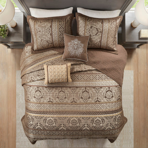 5 Piece Reversible Jacquard Bedspread Set Brown Gold Queen