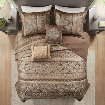 5 Piece Reversible Jacquard Bedspread Set Brown Gold Queen