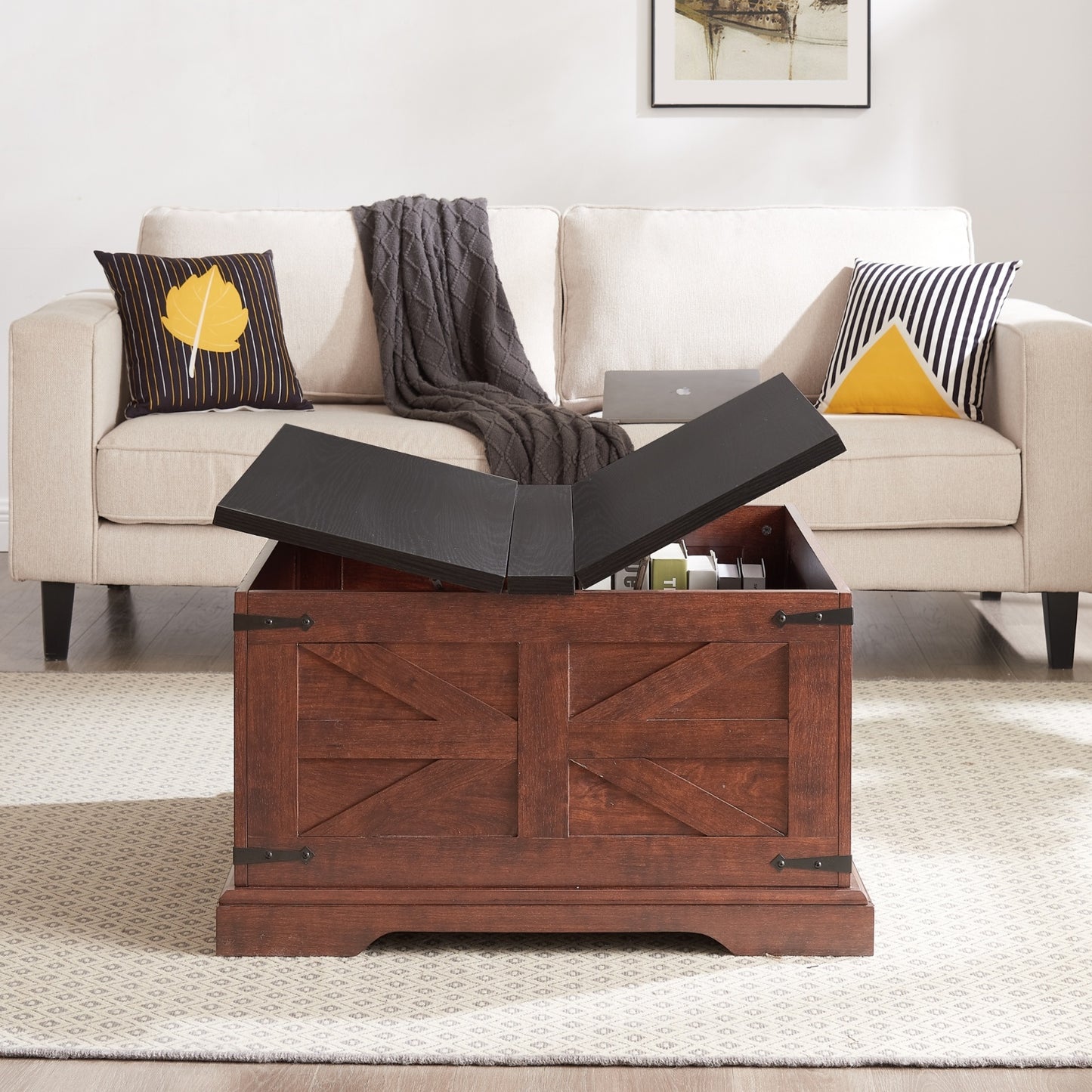 Farmhouse Coffee Table, Square Wood Table With Large Hidden Storage Compartment For Living Room, Bar