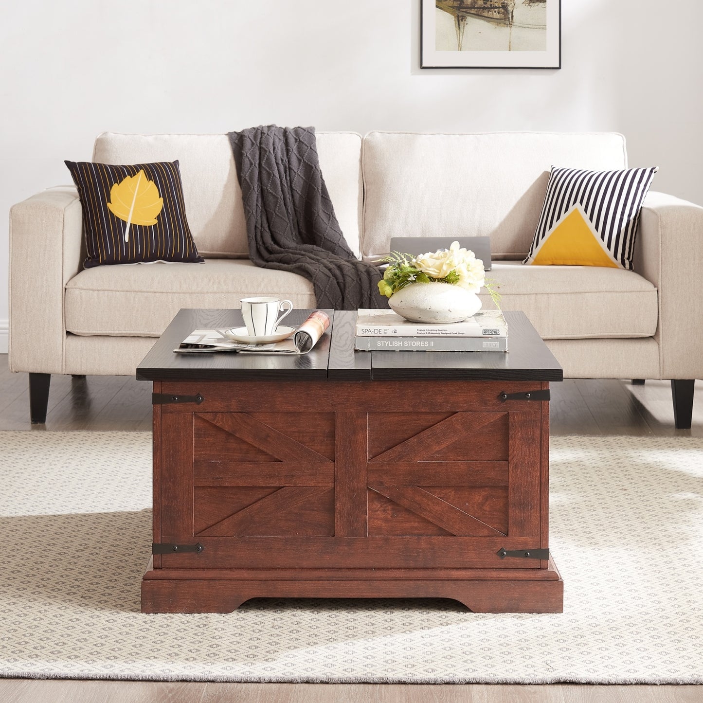 Farmhouse Coffee Table, Square Wood Table With Large Hidden Storage Compartment For Living Room, Bar