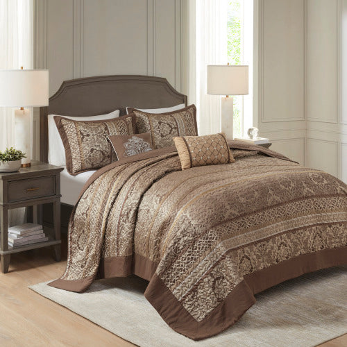 5 Piece Reversible Jacquard Bedspread Set Brown Gold Queen