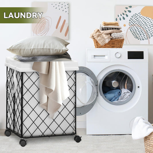 Laundry Basket On Wheels, Removable And Washable Lining, Metal Frame, Suitable For Bedroom, Bathroom, Laundry, White