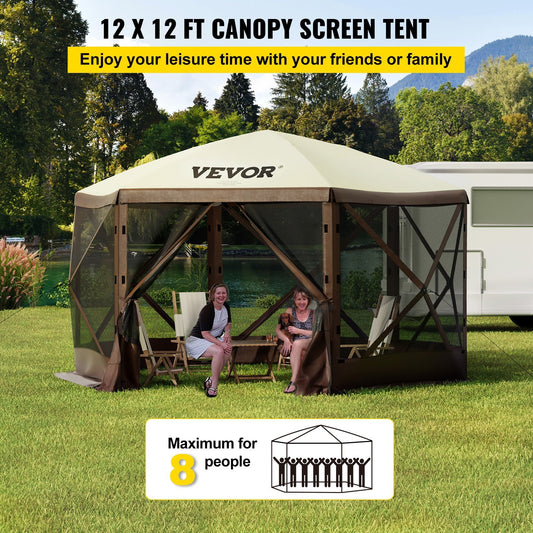 VEVOR Camping Gazebo Screen Tent, 6 Sided Pop Up Canopy Shelter Tent With Mesh Windows, Portable Carry Bag, Stakes, Large Shade Tents For Outdoor Camping, Lawn And Backyard, Brown Beige