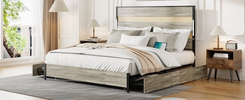 Queen Size Bed Frame With Headboard And 4 Storage Drawers , Queen Bed Frame With Charging Station And LED Lights, Wood Slats, Easy Assembly,No Box Spring Needed,Industrial Gray